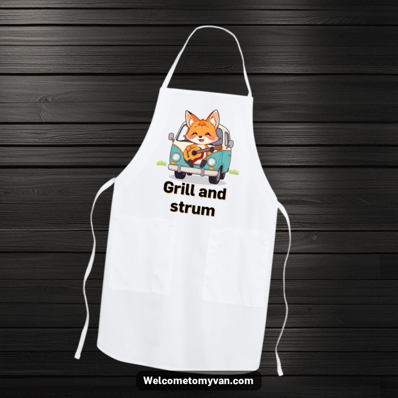 Funny cheerful fox strumming a ukulele on the hood of a van, depicted on a functional and funny apron.