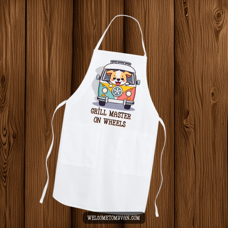 Funny happy dog steering a retro van, depicted on a functional apron for culinary adventures and kitchen fun.
