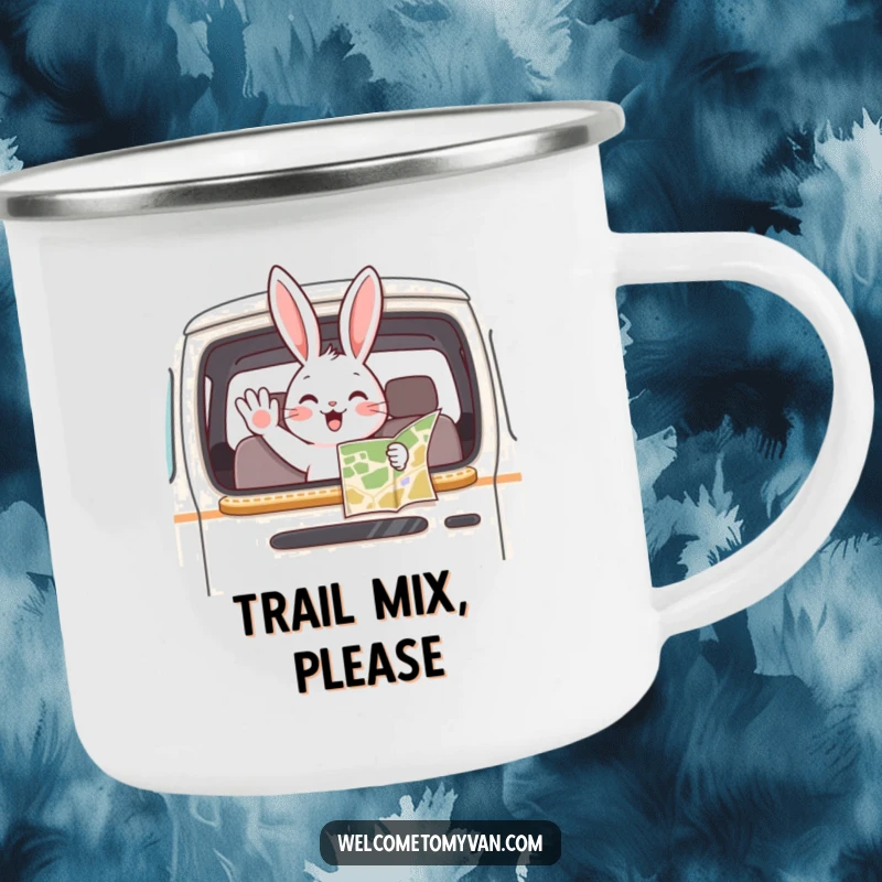 Funny bunny waving from a van window with a map, designed on a sturdy camping mug.