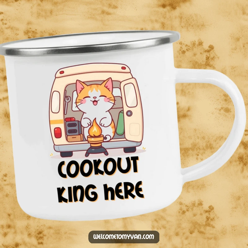 Funny determined cat setting up a small camping stove outside a van, designed on a sturdy camping mug.