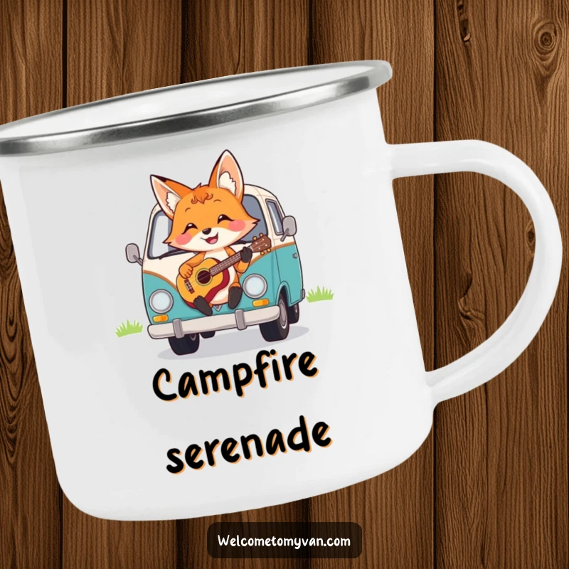 Funny cheerful fox strumming a ukulele on the hood of a van, designed on a sturdy camping mug.