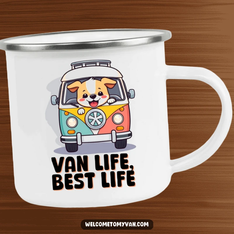 Funny dog steering a retro van, designed for outdoor adventures on a durable camping mug.