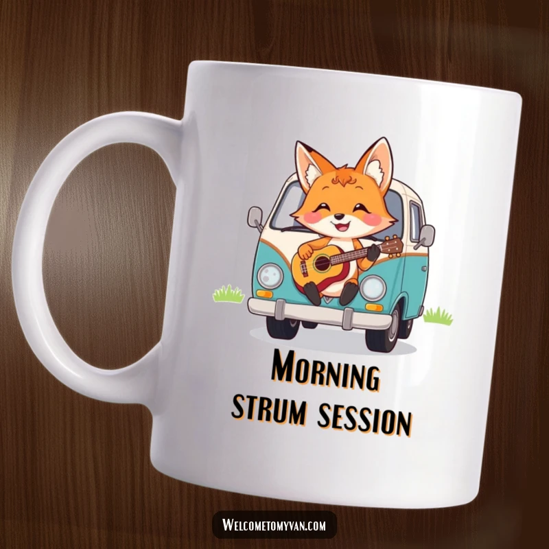 Funny cheerful fox happily strumming a ukulele on the hood of a van, embodying joy and music.