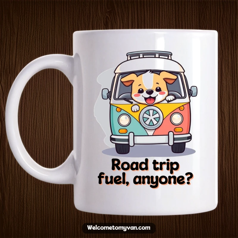 Funny dog steering a colorful retro van down a winding road, exuding pure joy and wanderlust on a road trip adventure.