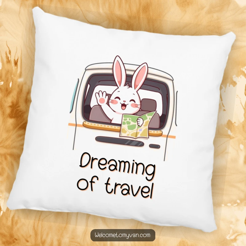 Funny bunny waving from a van window, map in paw, designed on a soft and comfortable pillow.