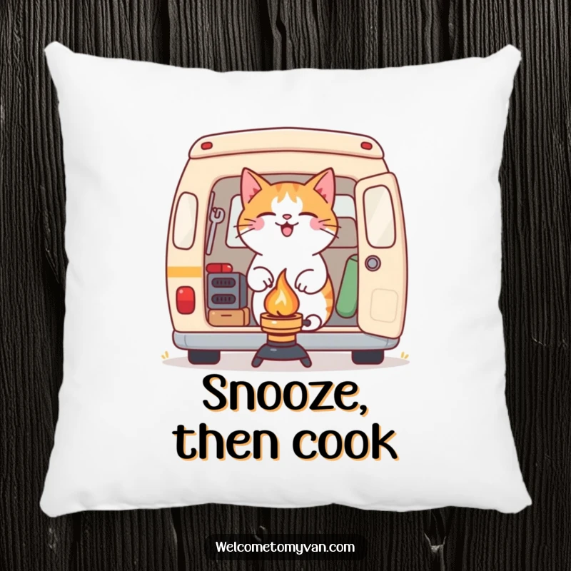 Funny determined cat setting up a camping stove outside a van, designed on a soft pillow.