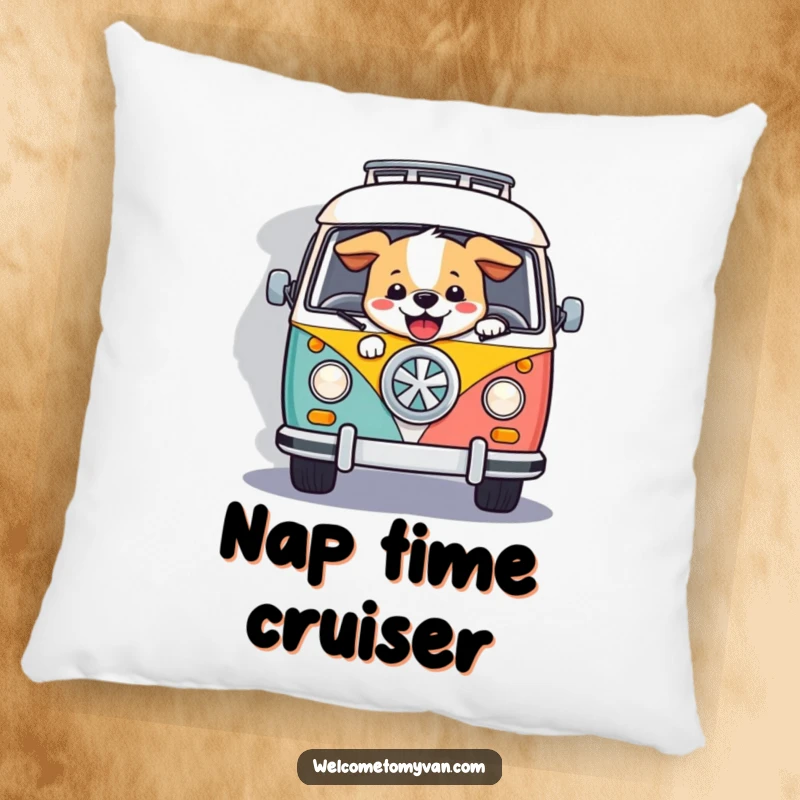 Funny dog joyfully steering a colorful retro van down a winding road, designed on a soft, comfortable pillow.