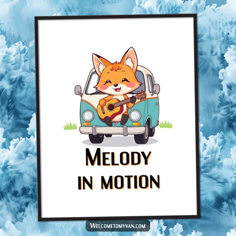 Funny cheerful fox strumming a ukulele on the hood of a van, available as a digital art print.