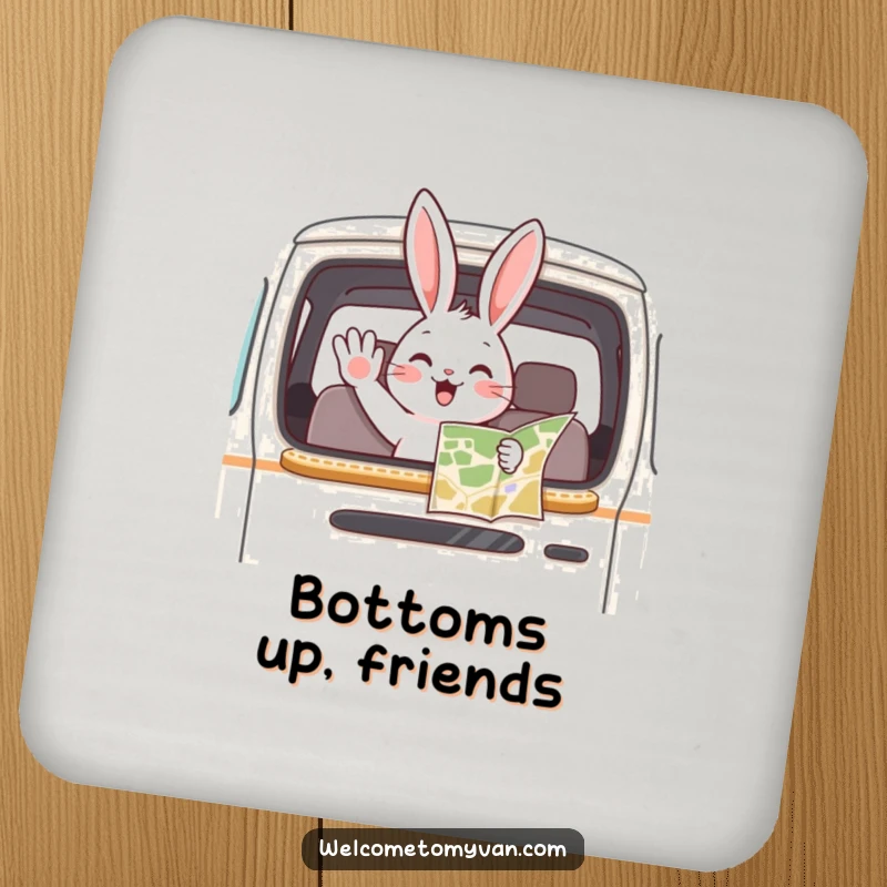Funny bunny waving from a van window with a map, depicted on protective drink coasters.