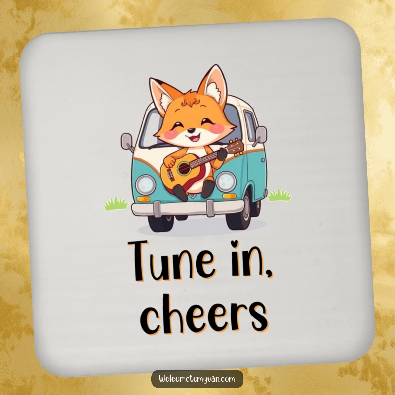 Funny cheerful fox strumming a ukulele on the hood of a van, depicted on protective drink coasters.