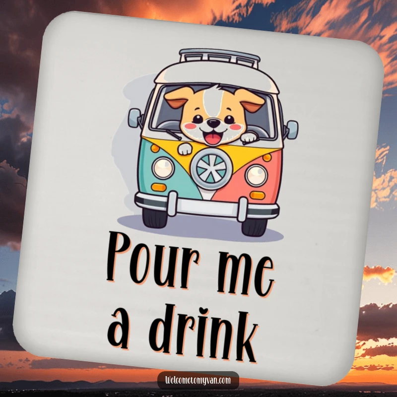 Funny dog steering a retro van, depicted on protective drink coasters for tables.