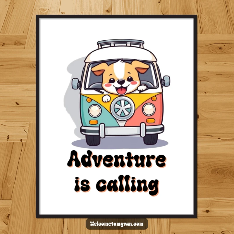 Funny happy dog at the wheel of a bright retro van on a winding road, presented as a vibrant wall art poster.
