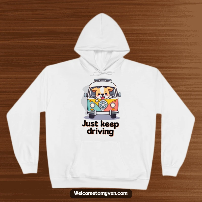 Funny happy dog steering a colorful retro van on a winding road, depicted on a cozy hoodie for ultimate comfort.
