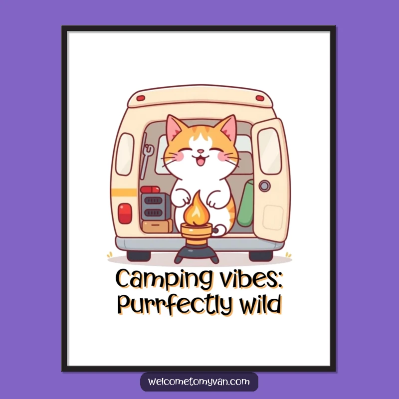 Free Printable Wall Art: Funny Cat Camping Van, Hilarious Cat Art Downloadable Gift