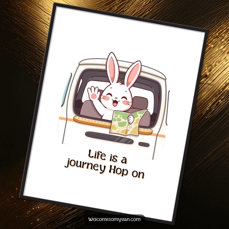 Funny Free Printable Wall Art: A playful bunny excitedly waving from an open van window, map in paw, ready for a fun trip.