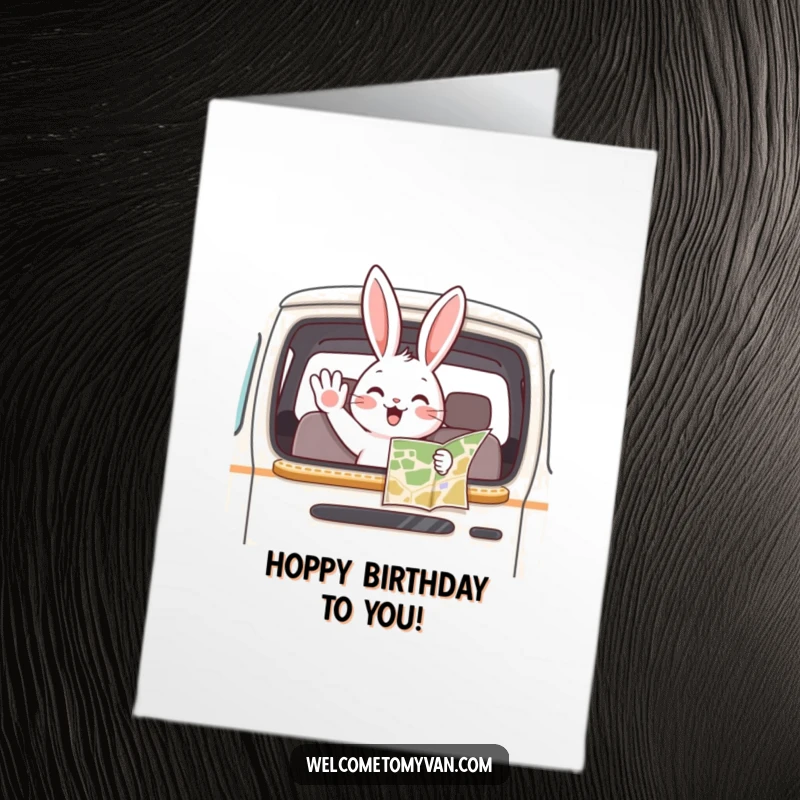 Funny Free Printable Birthday Card: A playful bunny excitedly waving from an open van window, holding a map, ready for adventure.