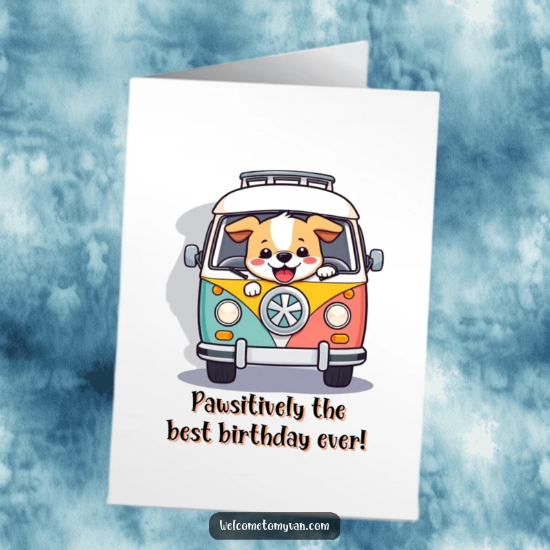 Funny Free Printable Birthday Card: A happy dog joyfully steering a colorful retro van down a winding road, celebrating with laughter.