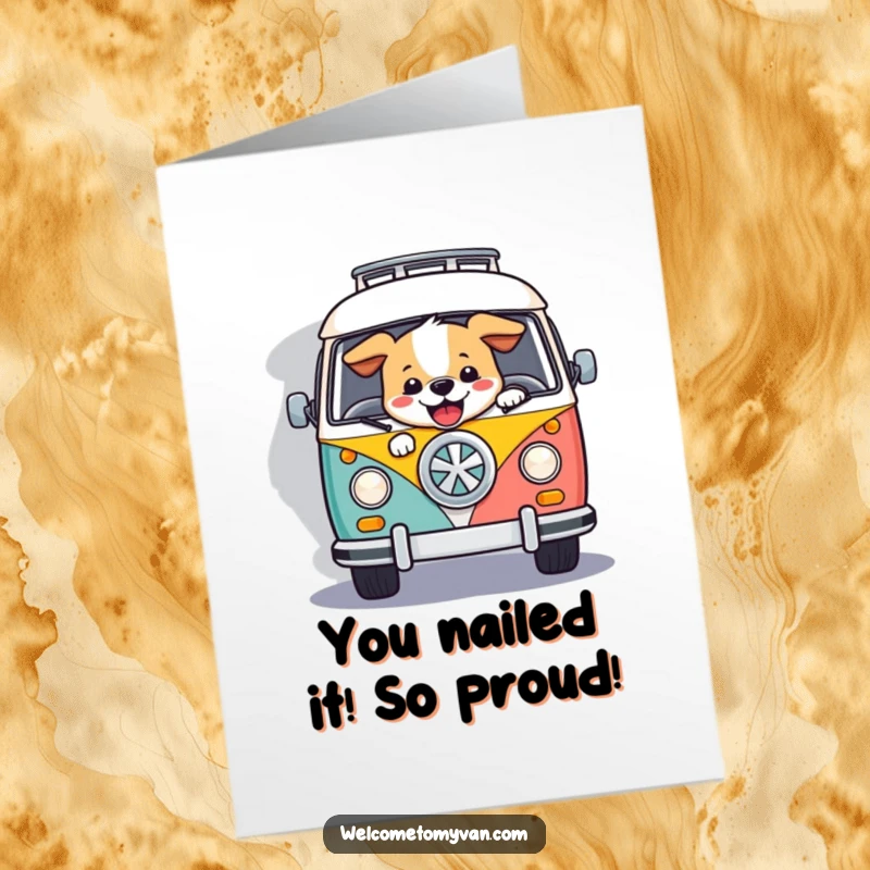 Funny Free Printable Congrats Card: A happy dog gleefully driving a retro van, celebrating a milestone with an adventurous spirit.