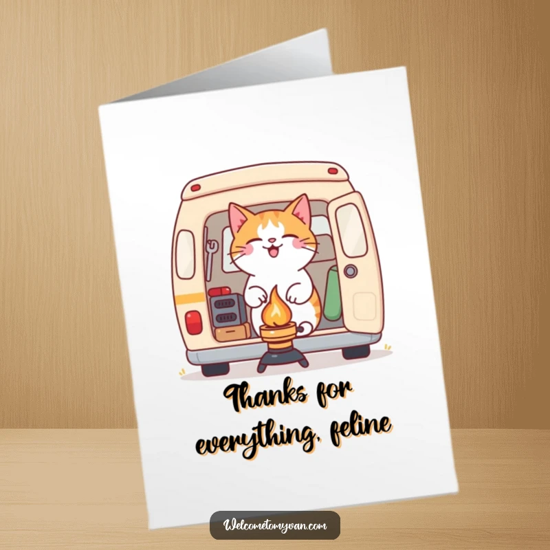 Funny Free Printable Thank You Card: A determined cat gleefully setting up a camping stove outside a van, expressing thanks outdoors.