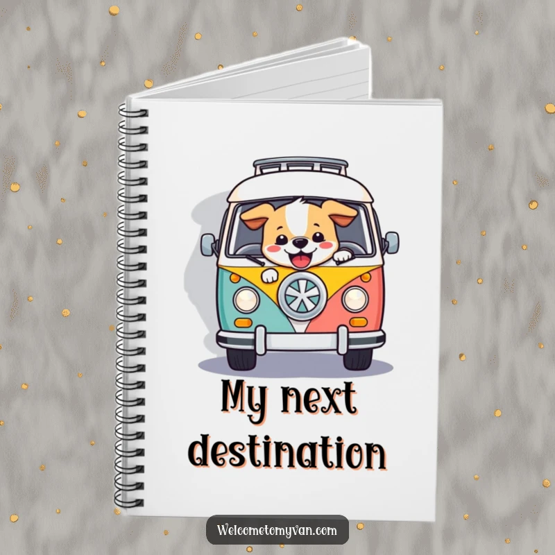 Funny dog steering a vibrant retro van on a winding road, featured on the cover of a notebook for writing.
