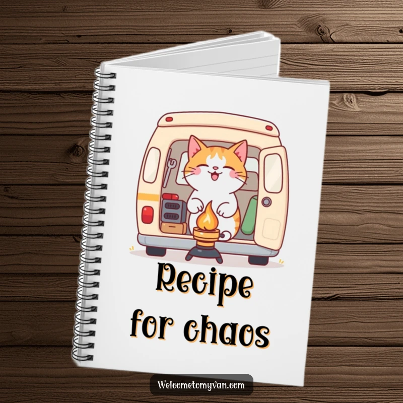 Funny determined cat setting up a camping stove outside a van, featured on the cover of a notebook.