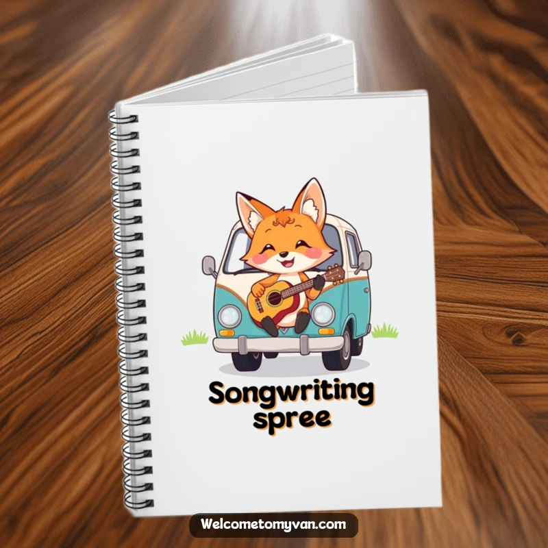Funny cheerful fox strumming a ukulele on the hood of a van, featured on the cover of a notebook.