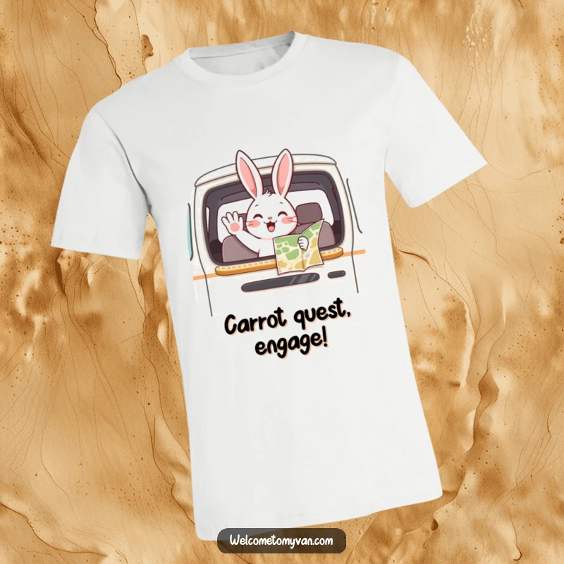 Funny bunny peeking out of a van window, waving a map excitedly, ready for a road trip adventure.