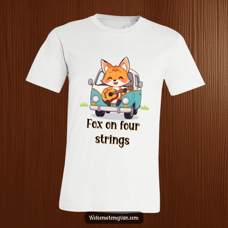 Funny cheerful fox strumming a ukulele on top of a parked van, radiating happiness and musical vibes.