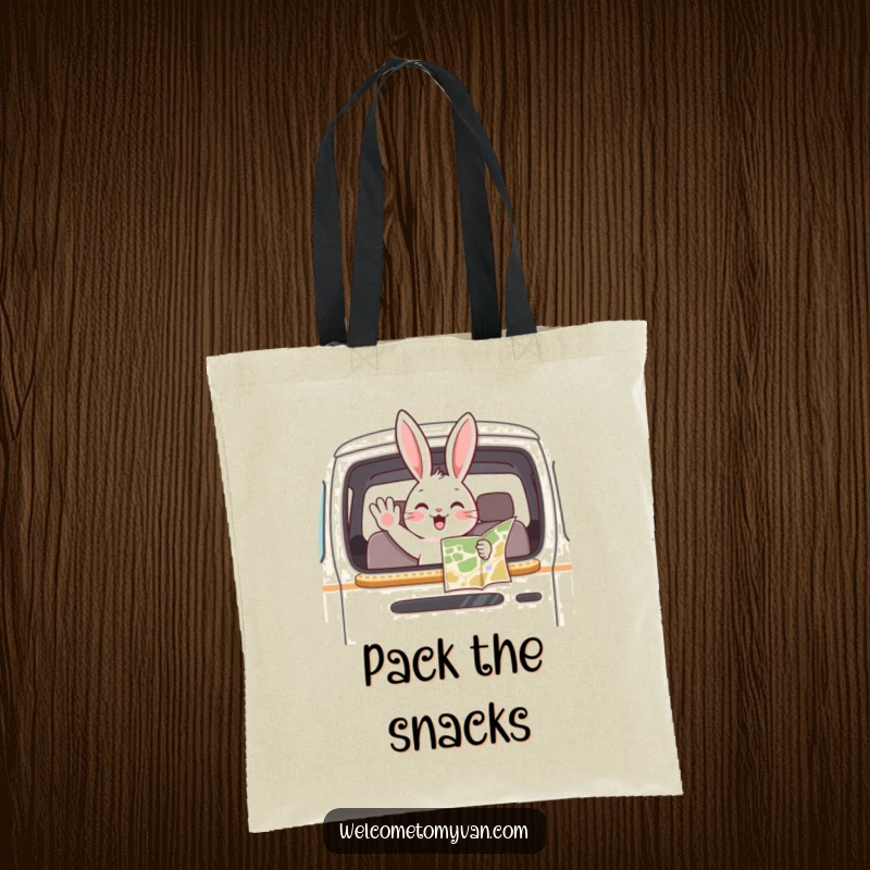 Funny bunny waving from a van window with a map, printed on a stylish and practical tote bag.